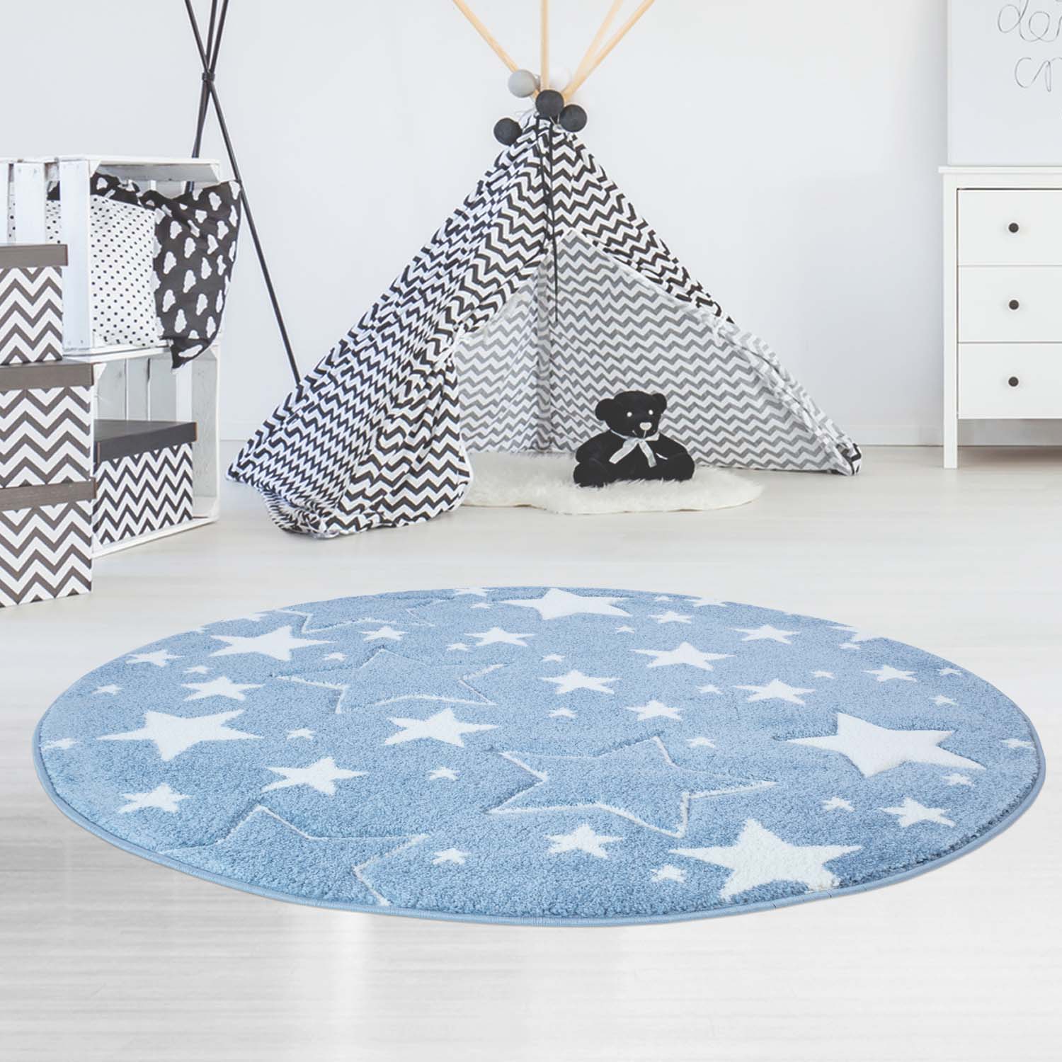 Okrúhly detský koberec BEAUTY modré hviezdy
