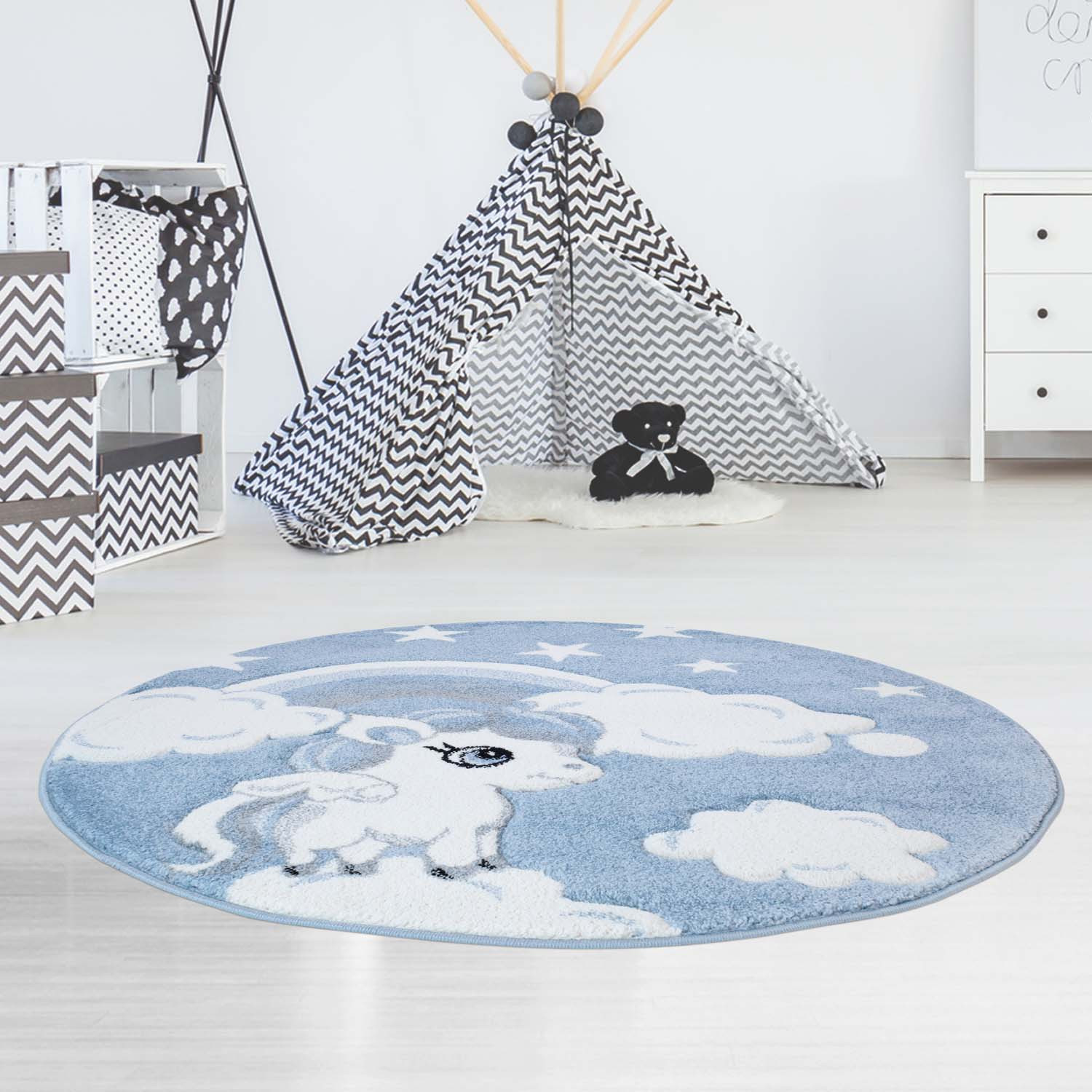 Okrúhly detský koberec BEAUTY Modrý jednorožec