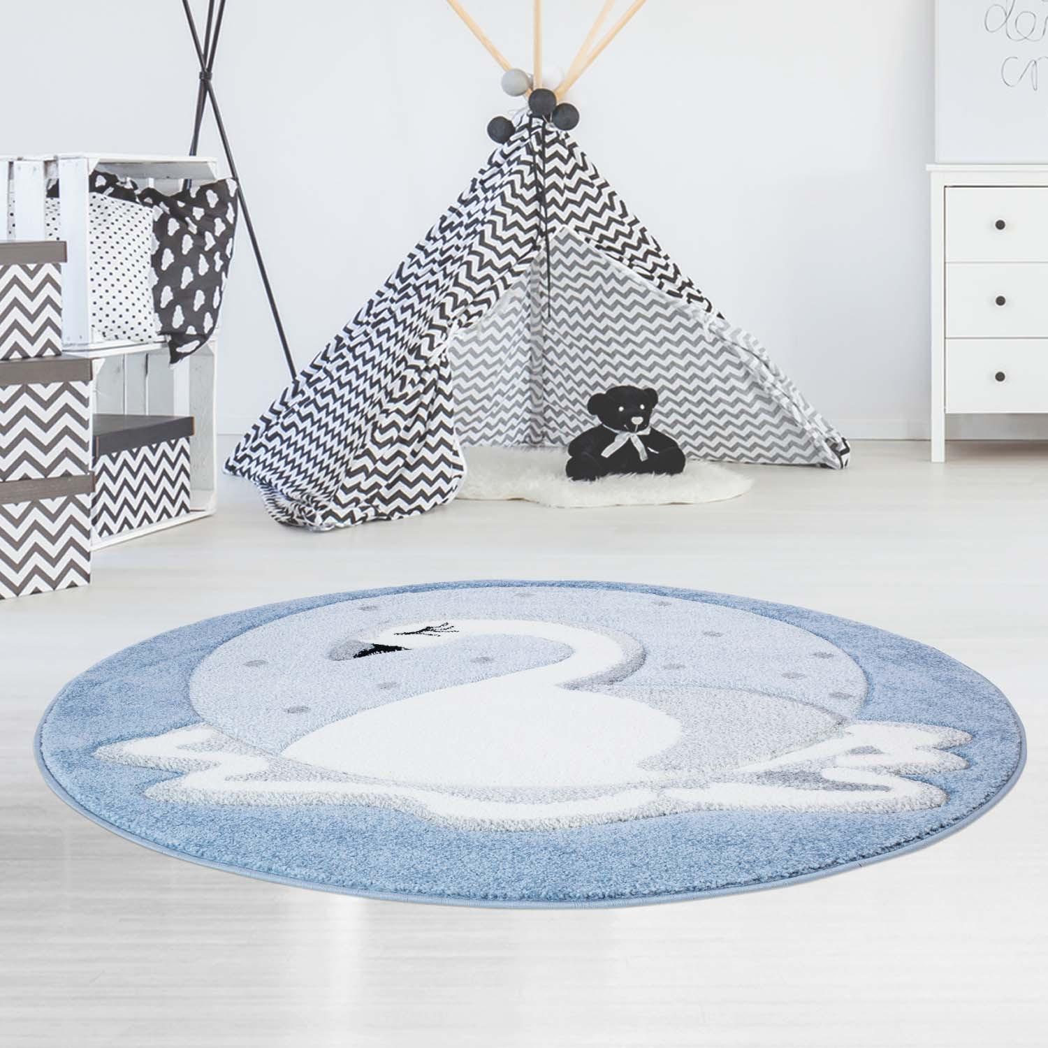 Okrúhly detský koberec BEAUTY Modrá labuť
